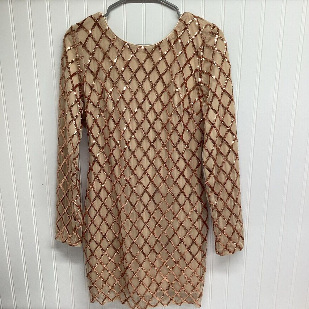 Forever 21 Sequin Body Con Mini Dress Women Bronze Nude Long Sleeve Cocktail *B